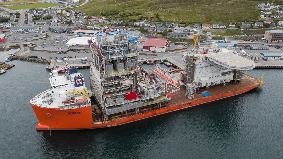 Aerial photograph of Dockwise Forte at Holmsgarth, Lerwick