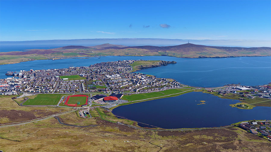 A panoramic aerial photograph of Lerwick shot from the Staney Hill
